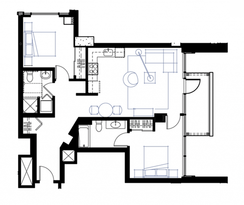 Floor plan for 2 beds, 2 baths, 935 sqft